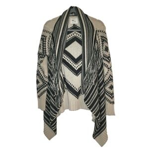 Angie Cozy Southwest Boho Fringe Black and Beige Open Cardigan Size XS Aztec